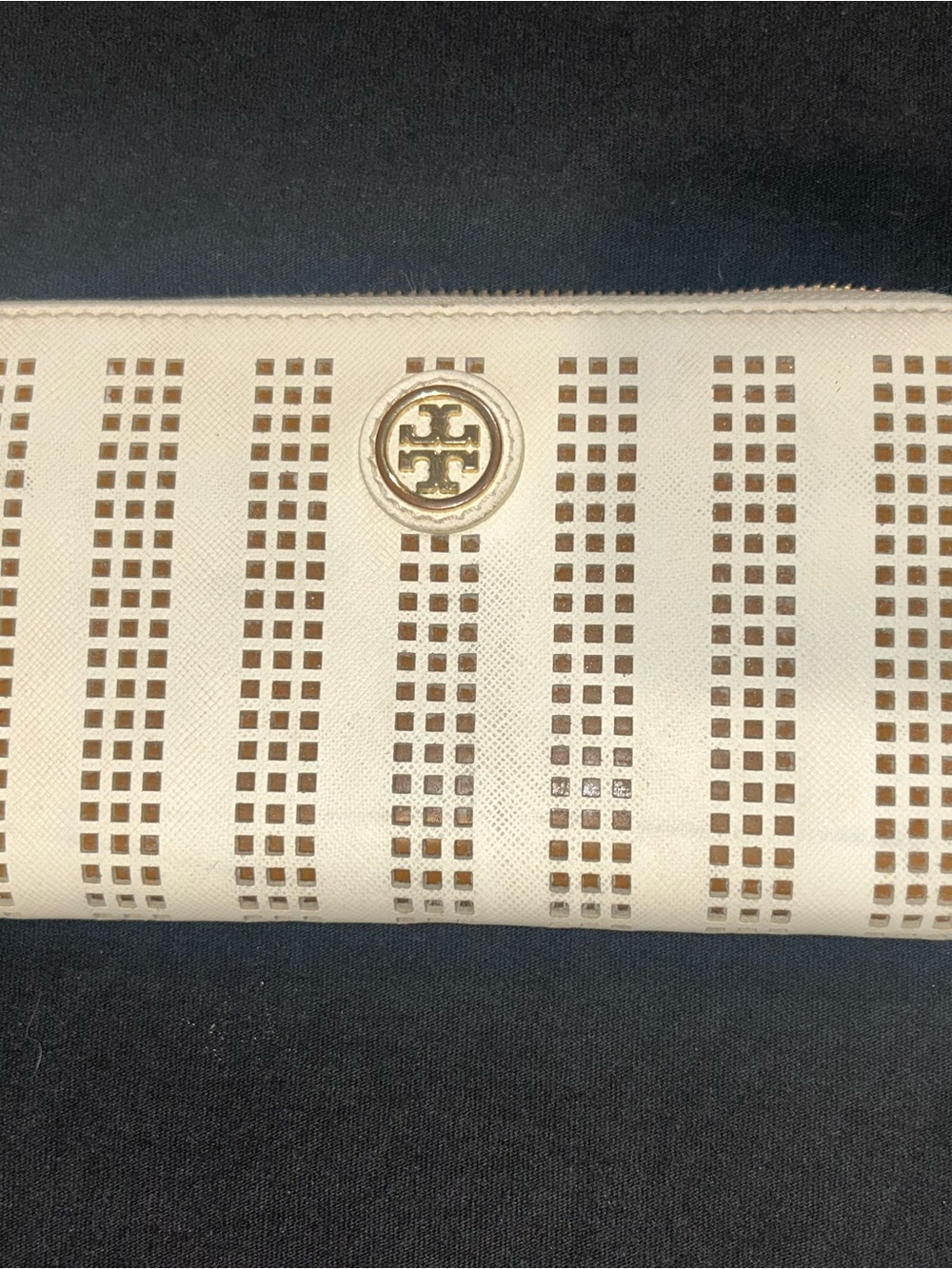 Tory Burch Cream Perforated Leather Zip Clutch with Gold Logo
